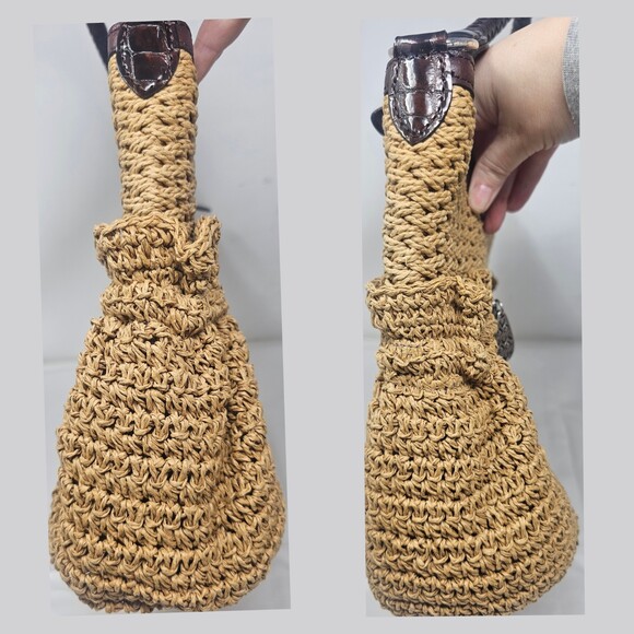 Brighton Women's Woven Jute/Leather Hobo Bag Braided Leather Handle Zip Closure - Picture 6 of 15